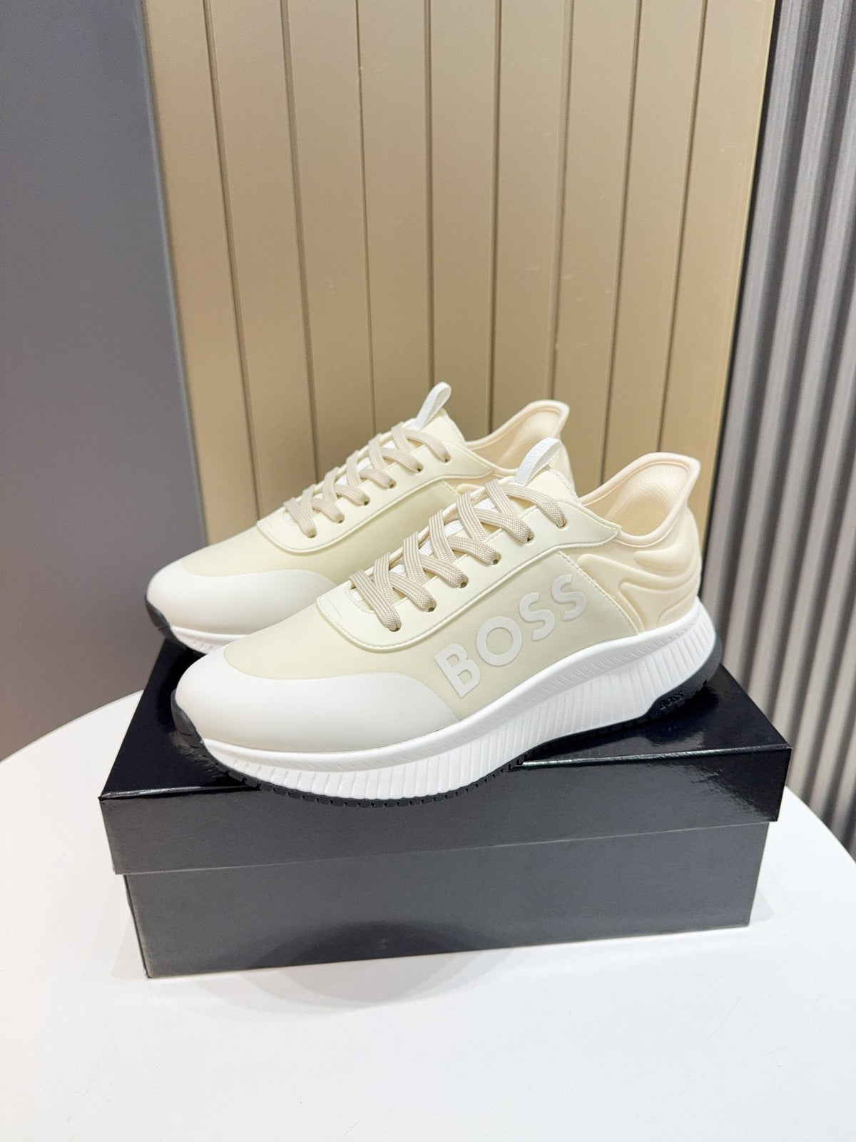 Hugo Boss Cream White Knit Sneakers — hero