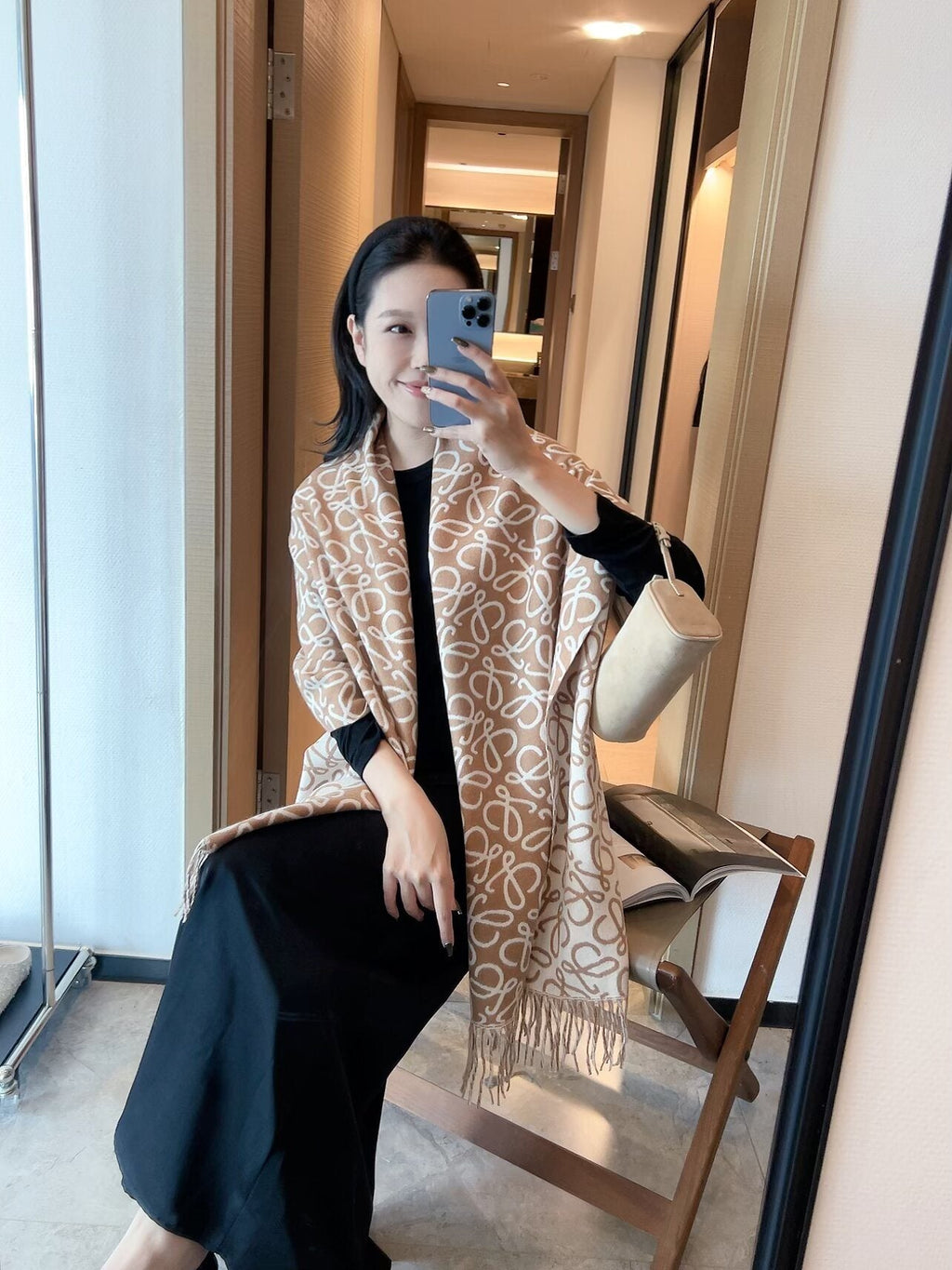 Loewe Khaki Brown Fringed Wool Scarf — model