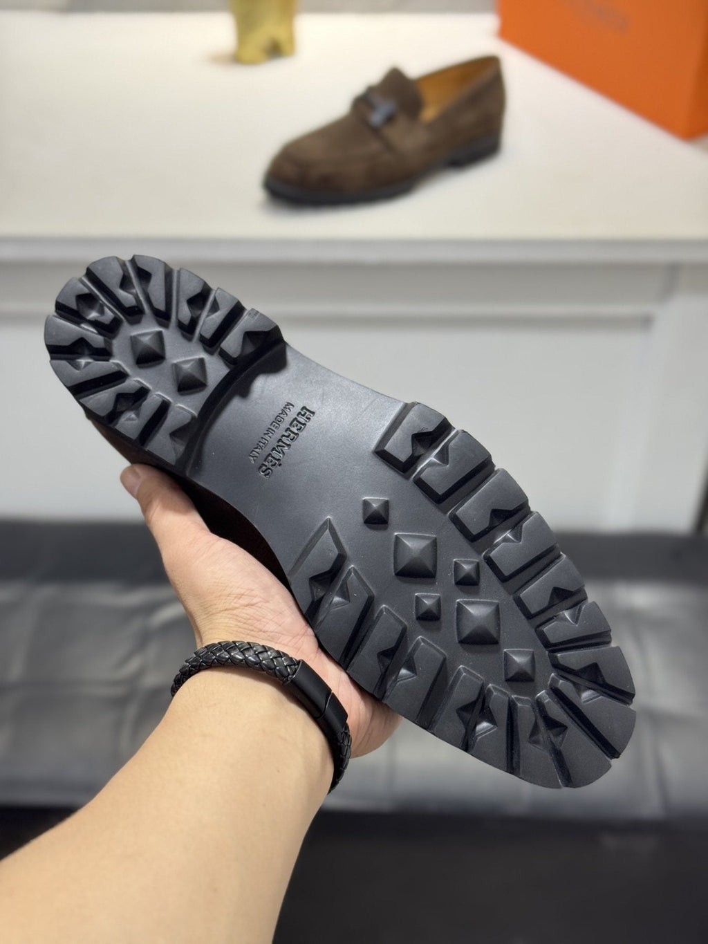Hermès Dark Brown Lug-Sole Loafers — detail