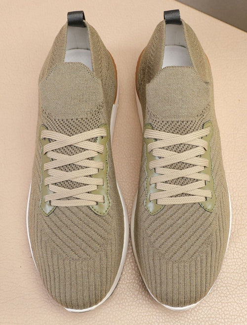 Brunello Cucinelli Olive Green Knit Sneakers — front