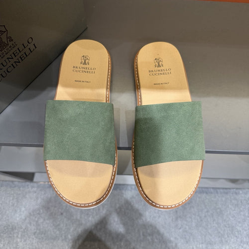 Brunello Cucinelli Sage Green Slide Sandals — hero