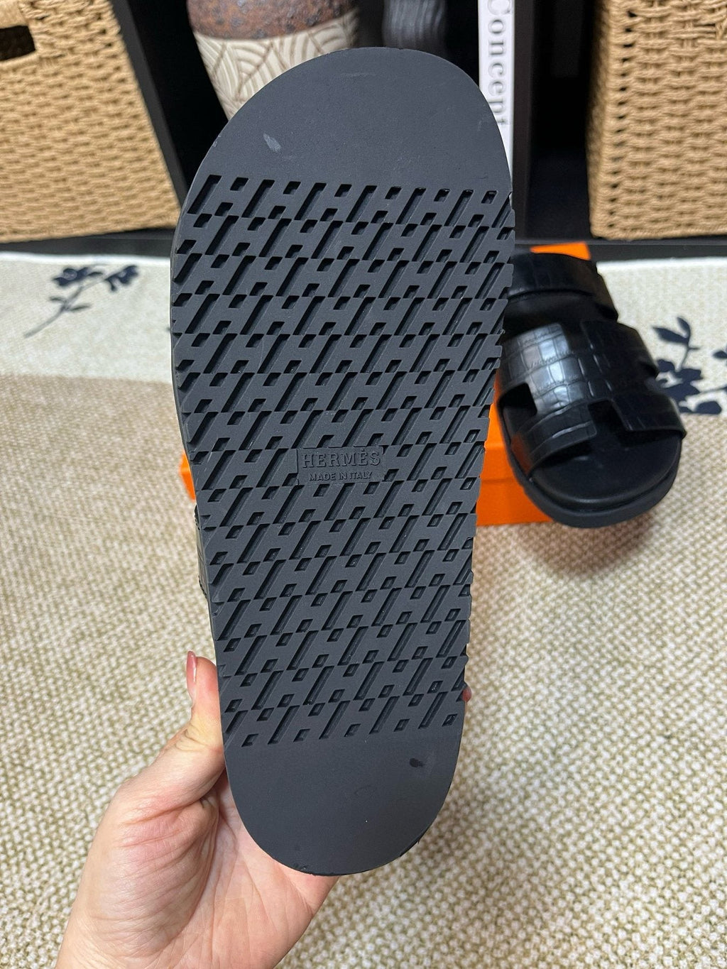 Hermes Kazimir Black Slide Sandals — detail