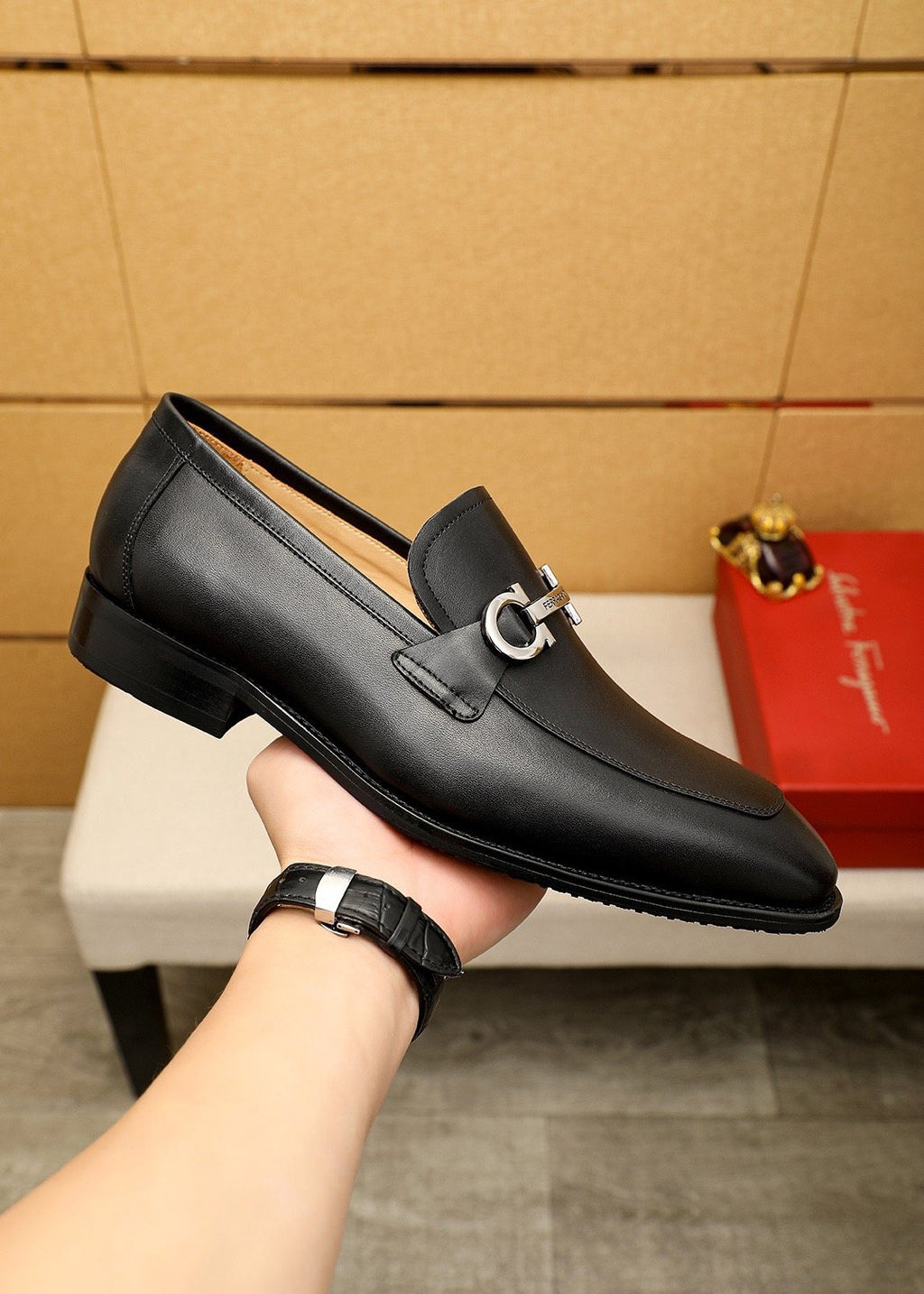Ferragamo Black Leather Bit Loafers — model