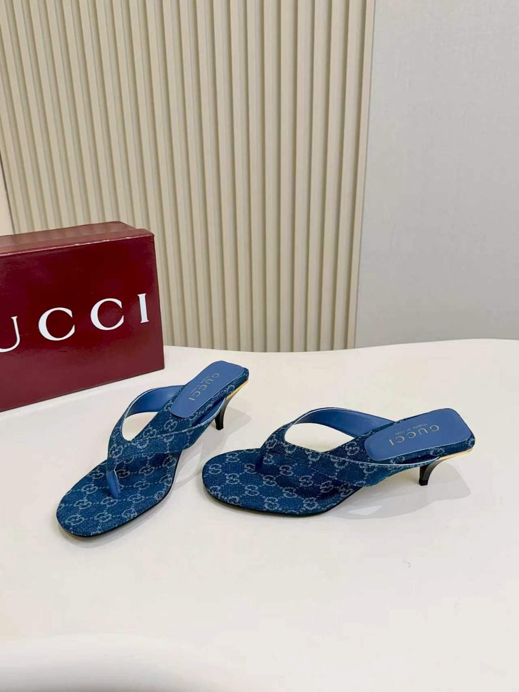 Gucci Blue Monogram Slingback Sandals — front