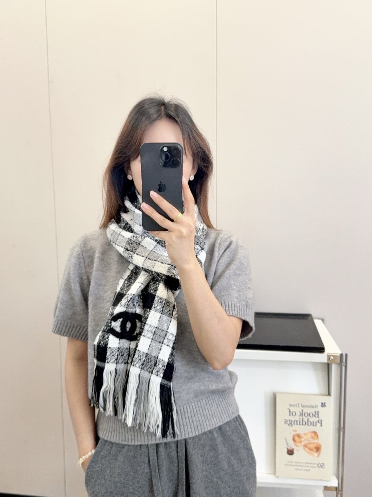 Chanel Checked Fringe Scarf — model