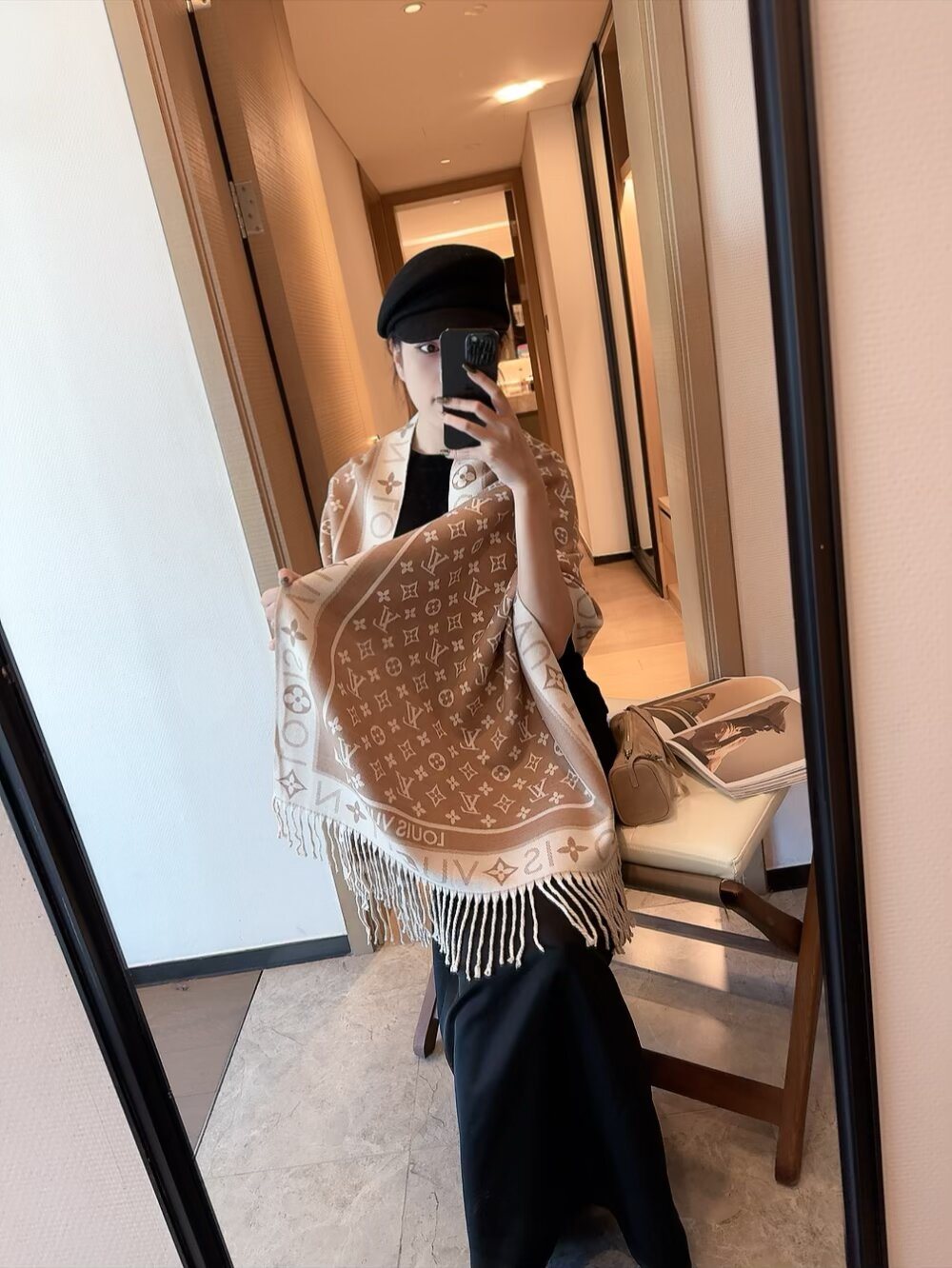 Louis Vuitton Monogram Fringe Scarf — model