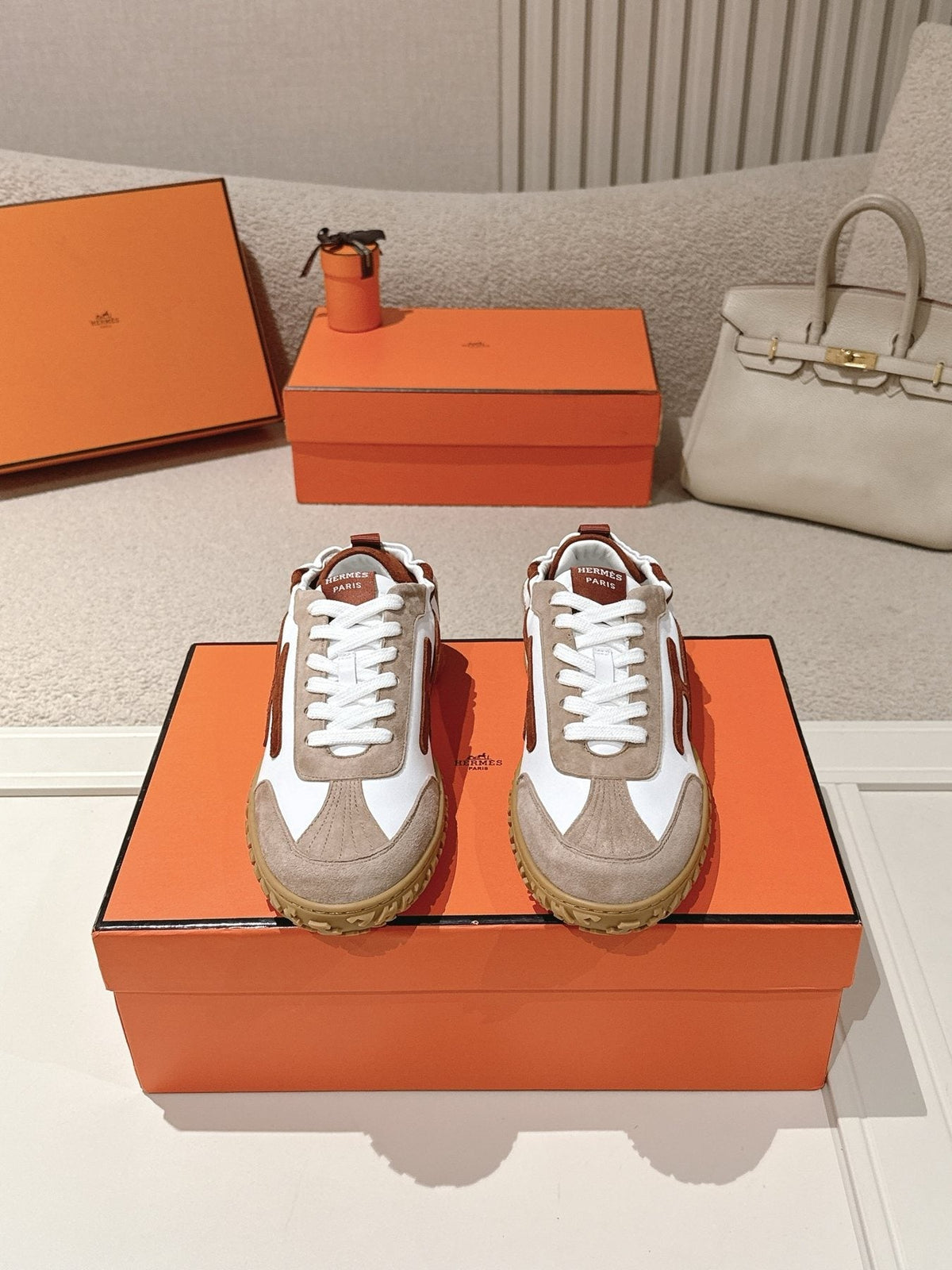 Hermès Taupe Brown H-Detail Sneakers — front