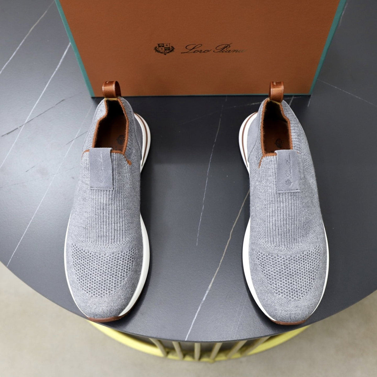 Loro Piana Charcoal Knit Slip-On Sneakers — front