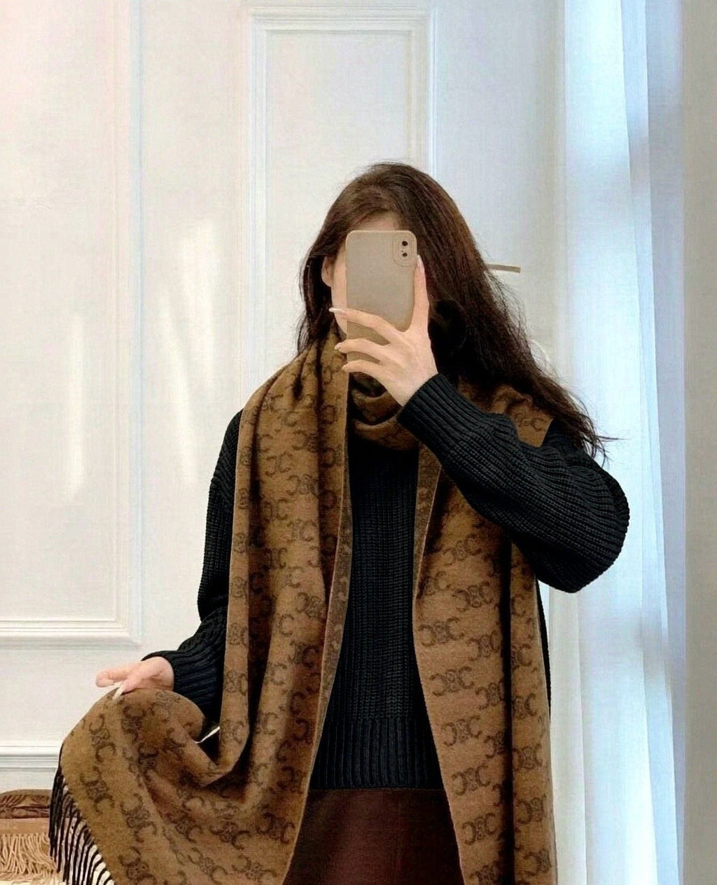 Celine Brown Patterned Fringed Scarf — model